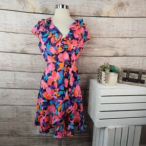 Pixie Daisy Womens Floral‎ Ruffle V-Neck Faux Wrap Mini Dress Multi Size 8